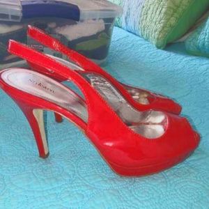 Ladies red patent leather slingback heels